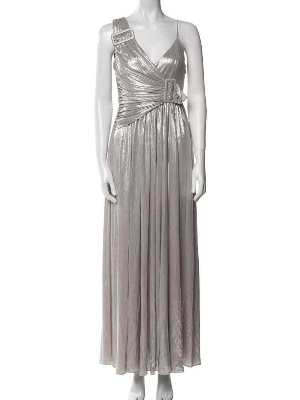 Retrofete Silver One-Shoulder Metallic Maxi Gown